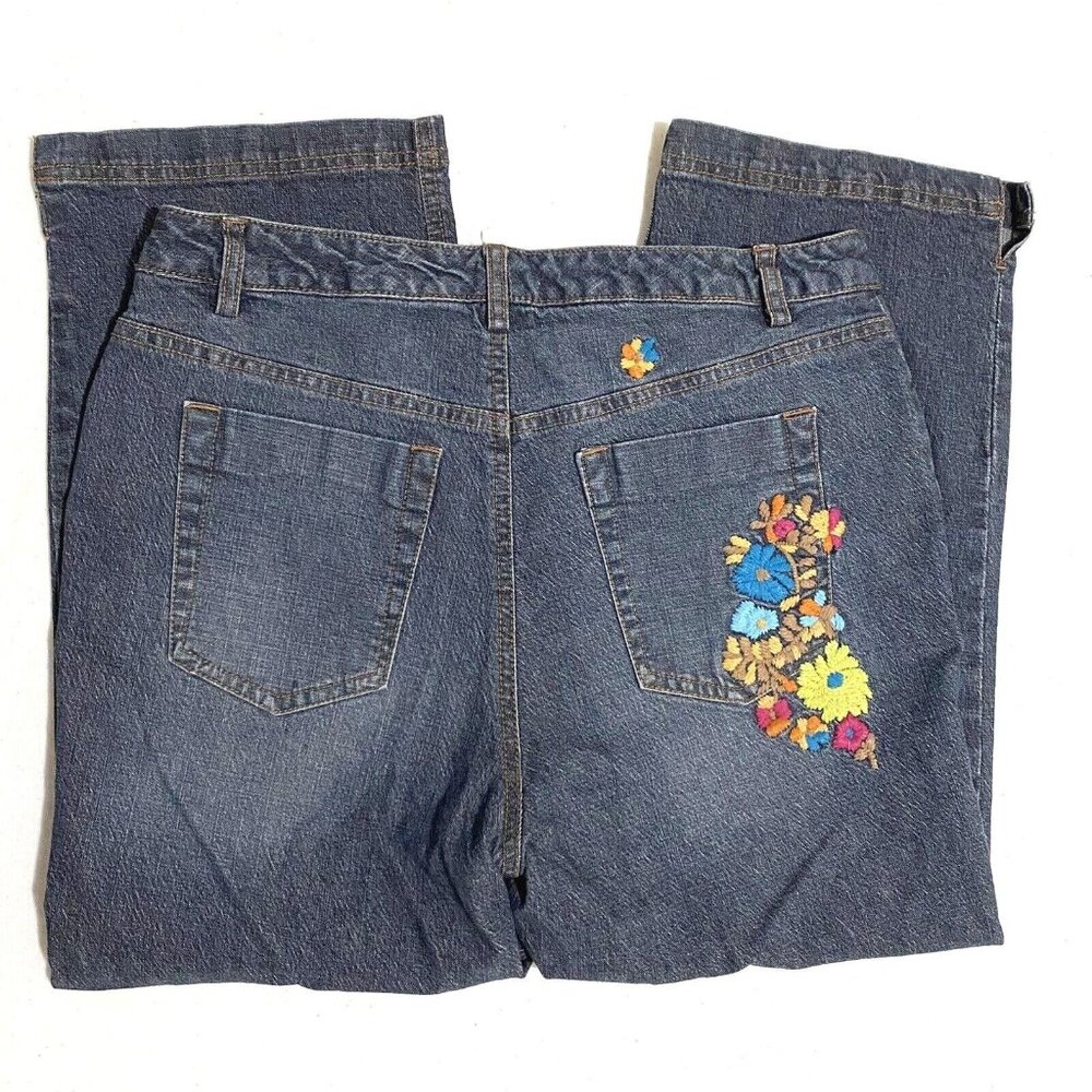 Vtg 90s Y2K‎ CJ Blue Embroidered Capri Jeans Size 10 Boho Hippie Floral Flowers